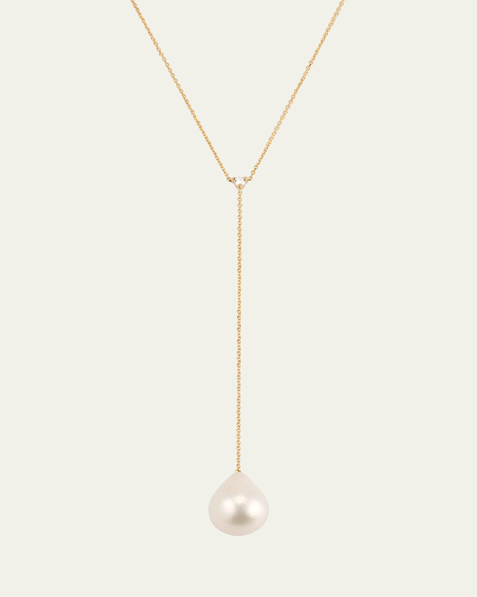 14k Gold Freshwater Pearl and Diamond Lariat Necklace 16"L