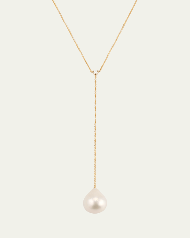 14k Gold Freshwater Pearl and Diamond Lariat Necklace 16"L