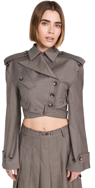 ROKH Cross Belt Detail Cropped Jacket Taupe