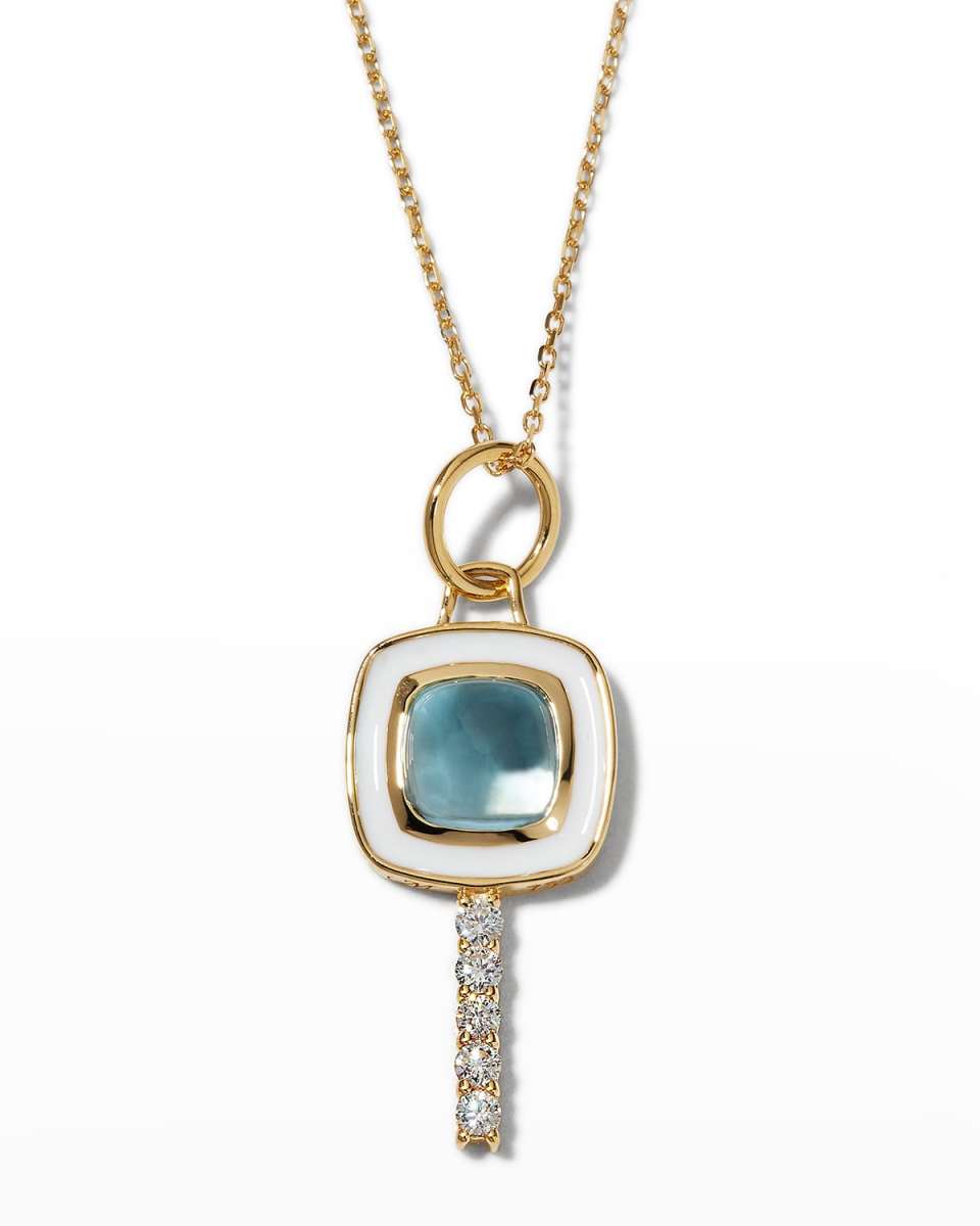 18K Yellow Gold Mini Cushion Key Necklace with White Enamel, Blue Topaz, and Diamonds