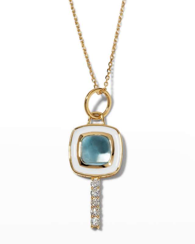 18K Yellow Gold Mini Cushion Key Necklace with White Enamel, Blue Topaz, and Diamonds