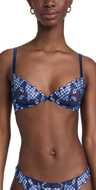 Fleur du Mal Lily Embroidery Plunge Demi Bra Starry Blue Gingham