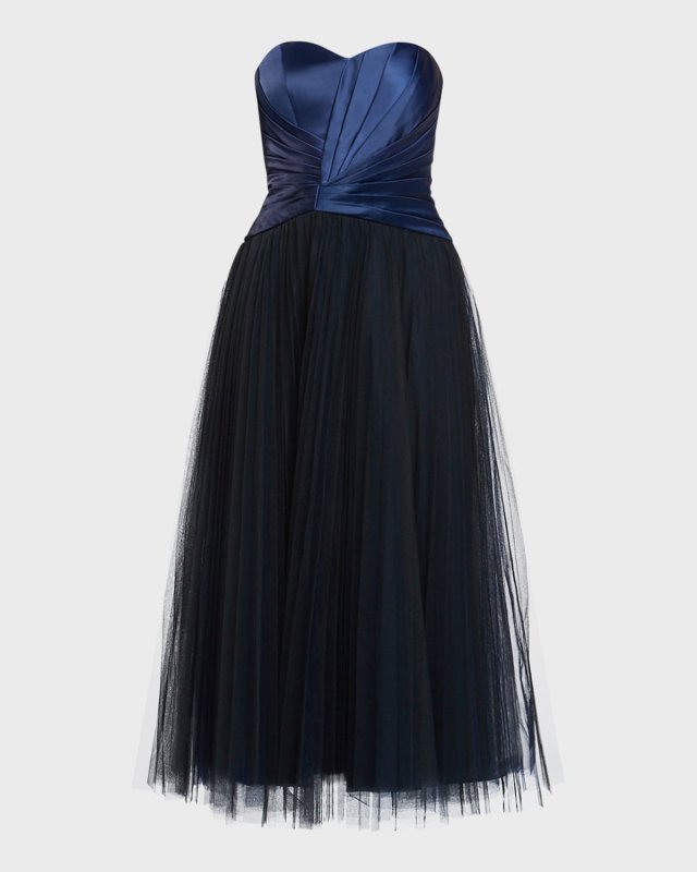 Strapless Pleated Tulle Midi Dress