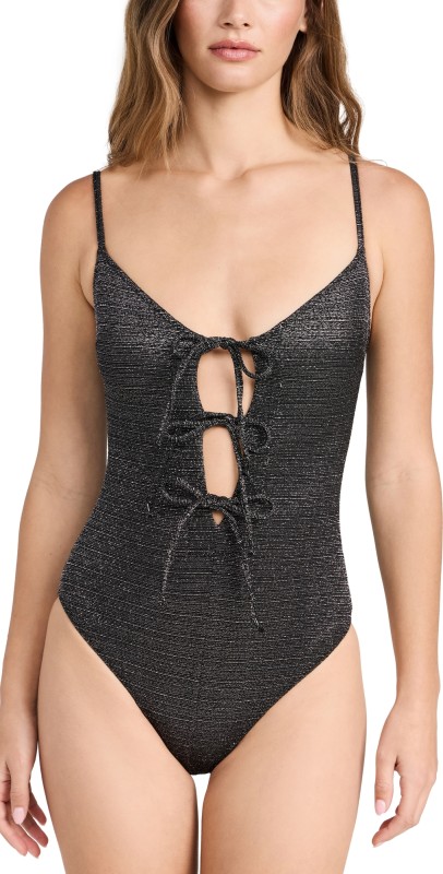 Lisa Marie Fernandez Three Tie Maillot One Piece Black/Silver Metallic Jacquard