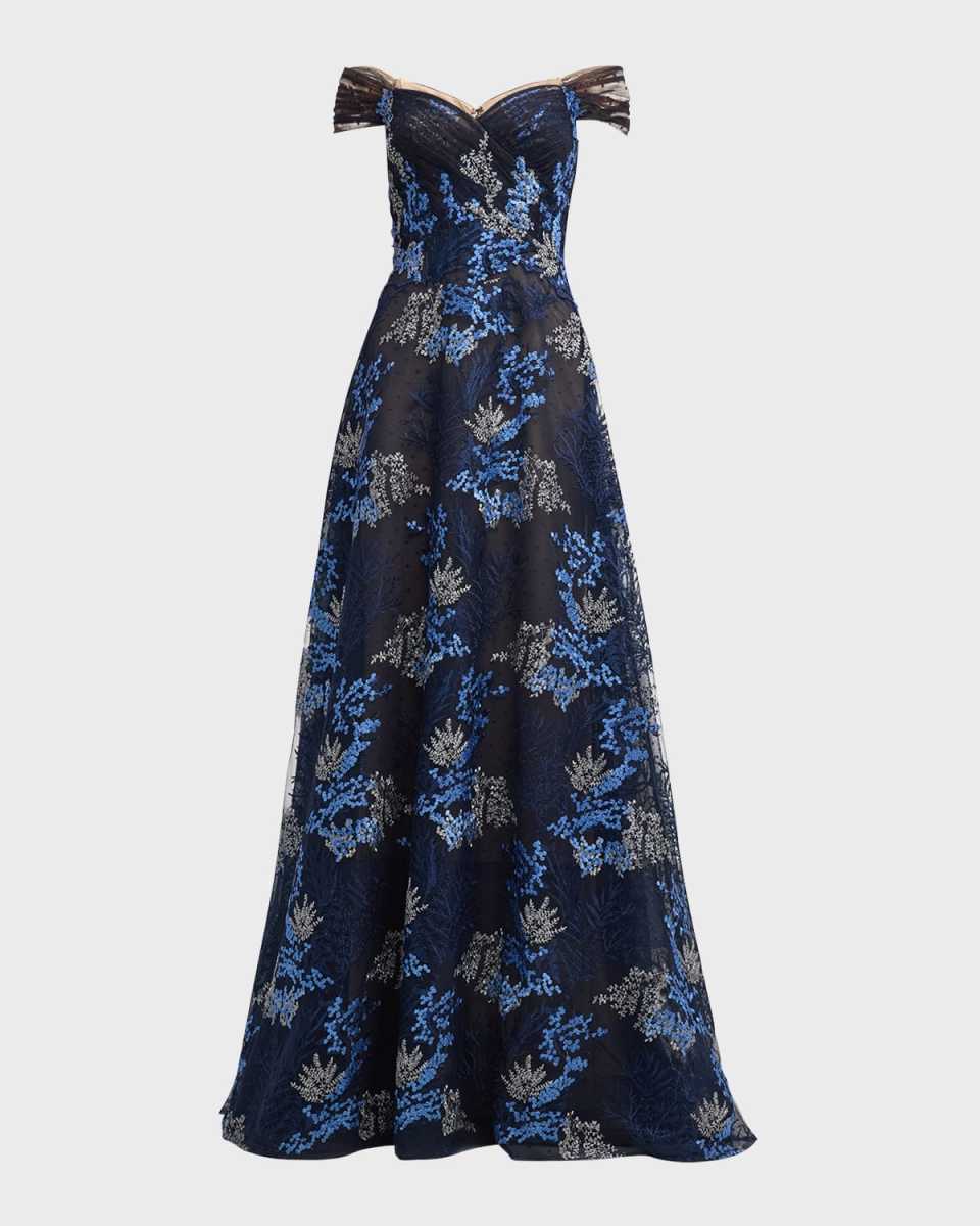 Off-Shoulder Floral-Embroidered Tulle Gown