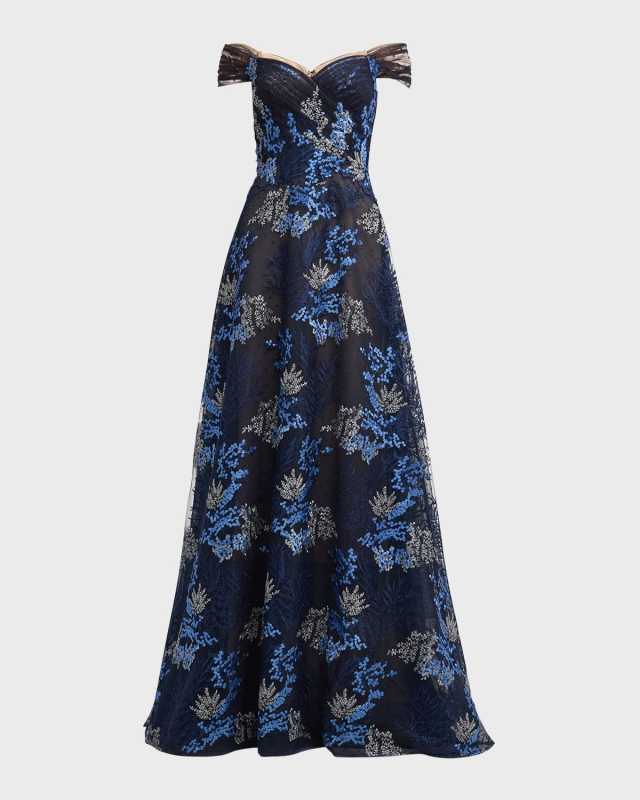 Off-Shoulder Floral-Embroidered Tulle Gown