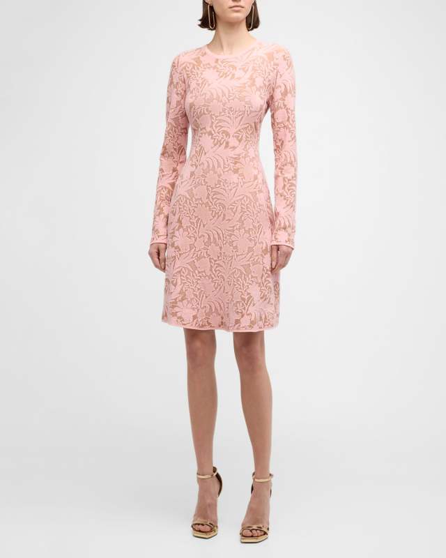 Floral Jacquard Long-Sleeve Fit-&-Flare Dress