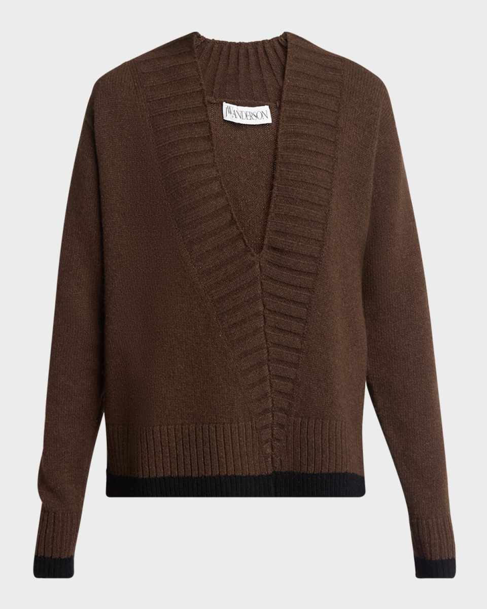 Slanted V Neck Wool Cashmere Sweater with Tipping