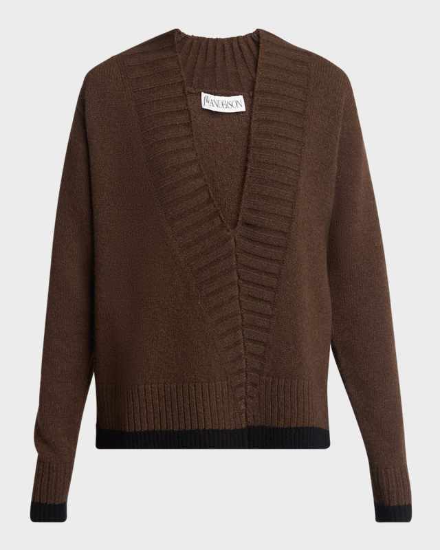 Slanted V Neck Wool Cashmere Sweater with Tipping