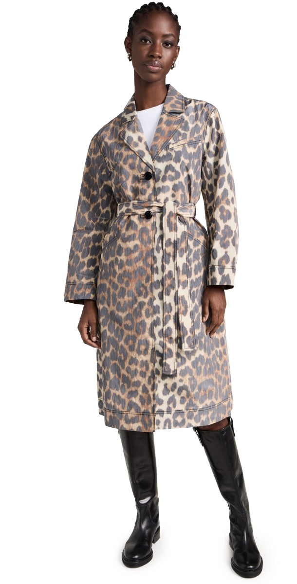 GANNI Crispy Shell Belt Coat Big Leopard Almond Milk