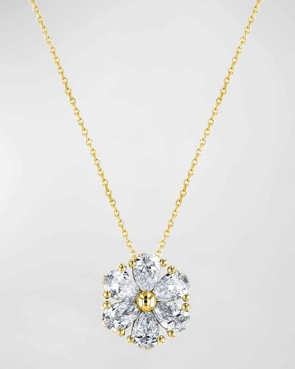 18K Gold Pear-Shaped Diamond Floral Pendant 16" Necklace, 2.00tcw