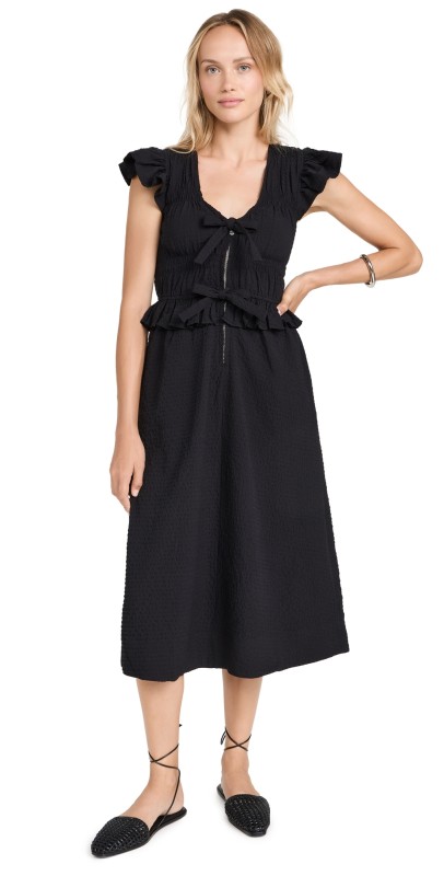 Sea Regina Seersucker Flutter Sleeve Dress Black
