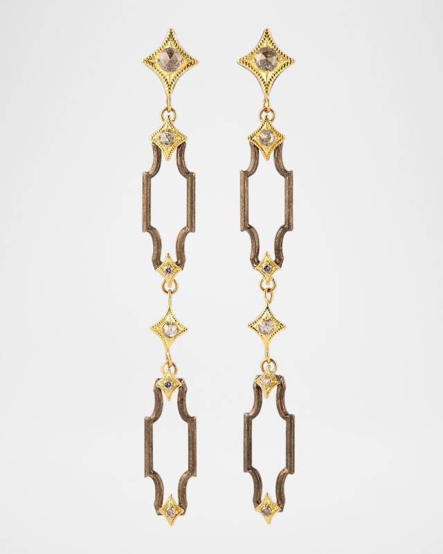 18K Yellow Gold and Antiqued Silver Diamond Open Scroll Drop Earrings