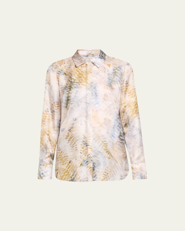 Scottie Fern-Print Button-Down Silk Blouse