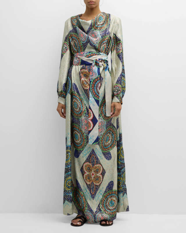 Sharon Cowl-Neck Metallic Kipos Brocade Belted Maxi Dress