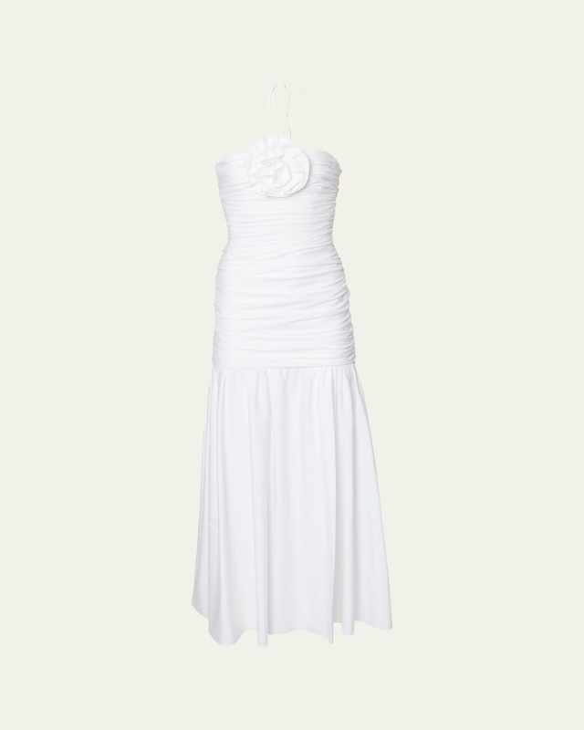 Halter Gathered Bodice Drop Waist Midi Dress with Floral Applique