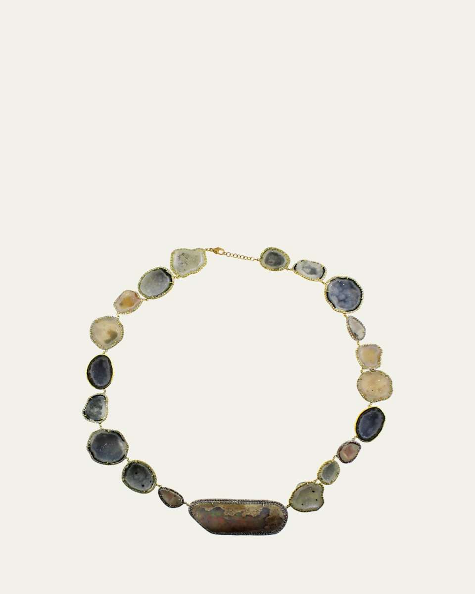 18K Gold Geode Necklace with Water Opal and Diamonds