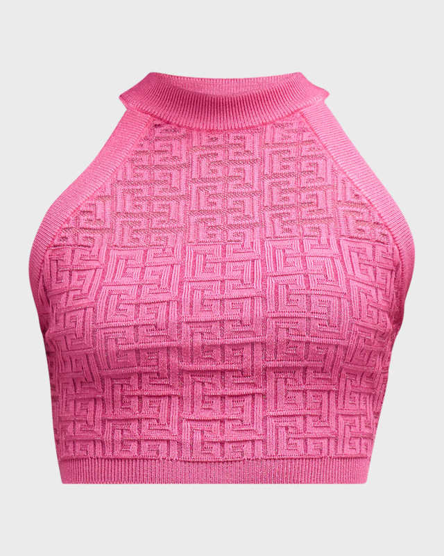 Halterneck Metallic Monogran Knit Crop Top