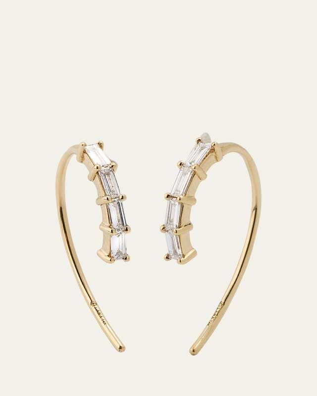 14K Yellow Gold Baguette Diamond Mini Hooked on Hoop Earrings