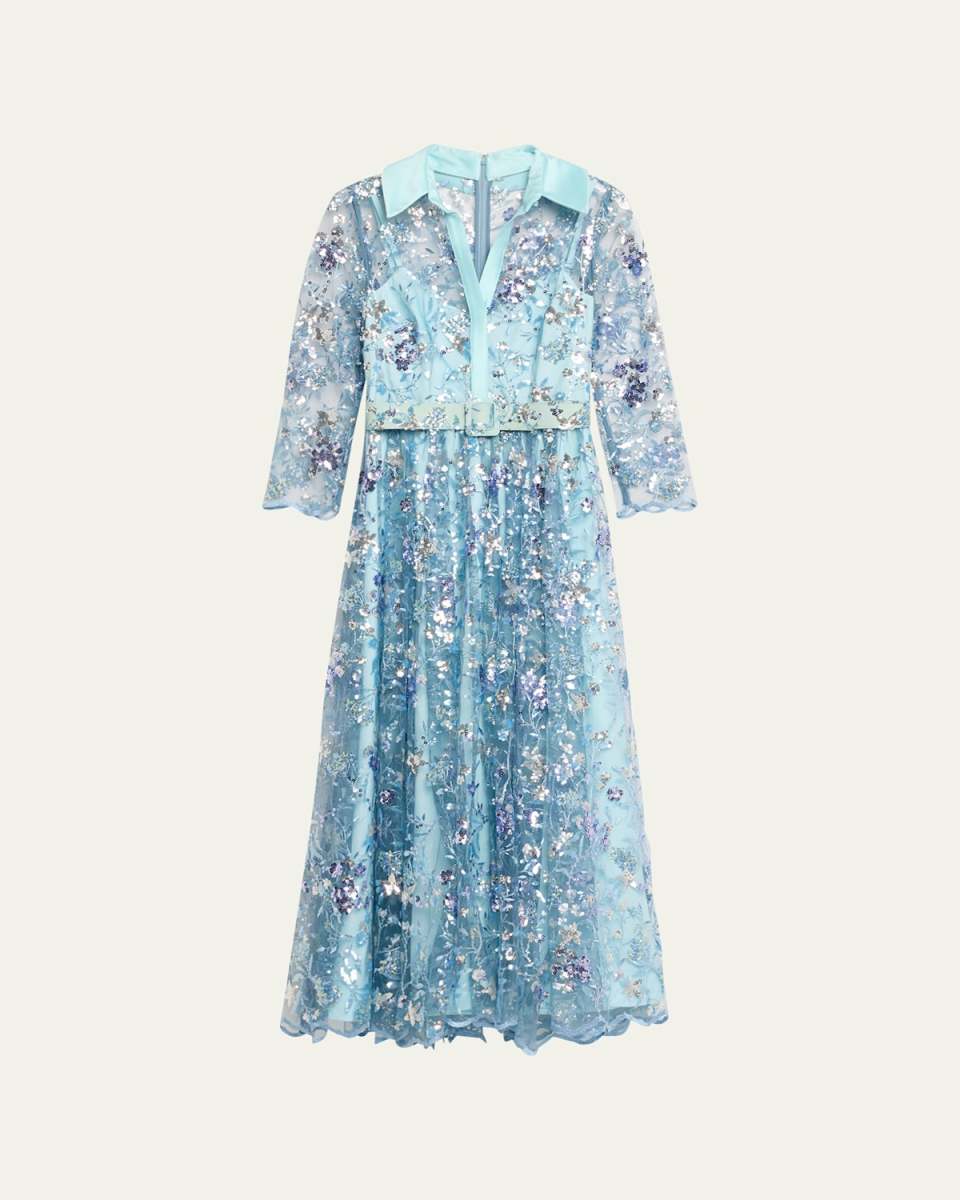 Sequin Embroidered Illusion Midi Shirtdress