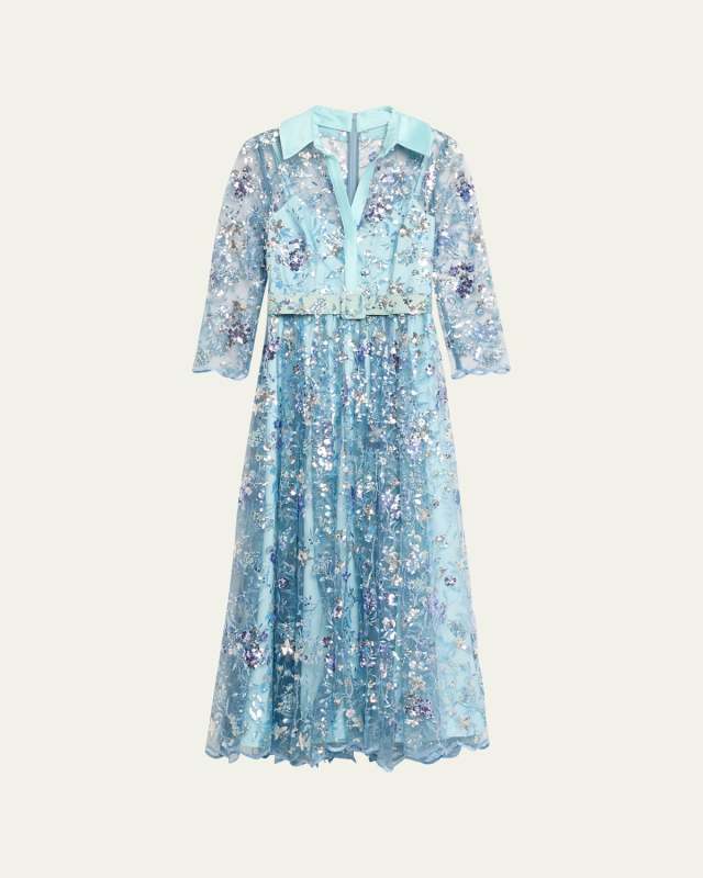 Sequin Embroidered Illusion Midi Shirtdress