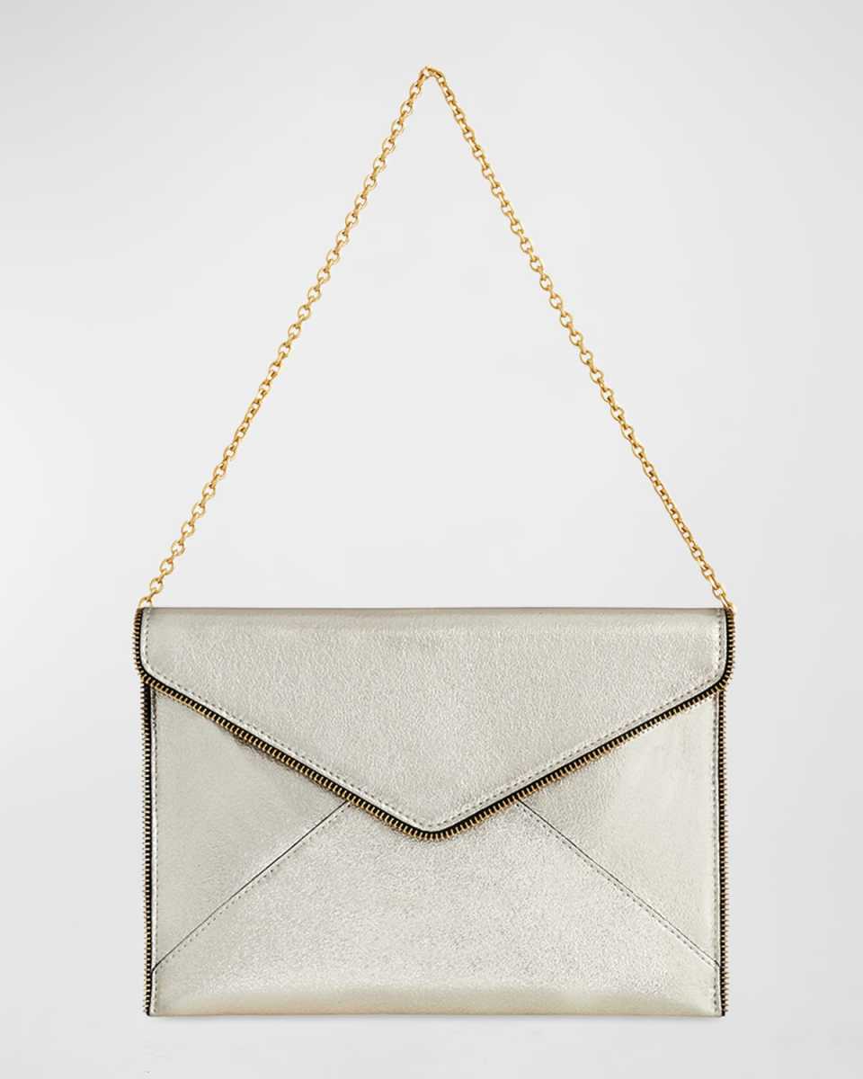 Leo Metallic Leather Clutch Bag w/ Chain Strap