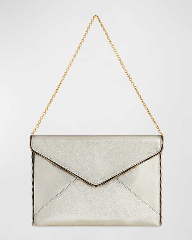 Leo Metallic Leather Clutch Bag w/ Chain Strap