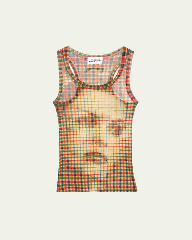 Tartan Face-Print Mesh Tank Top
