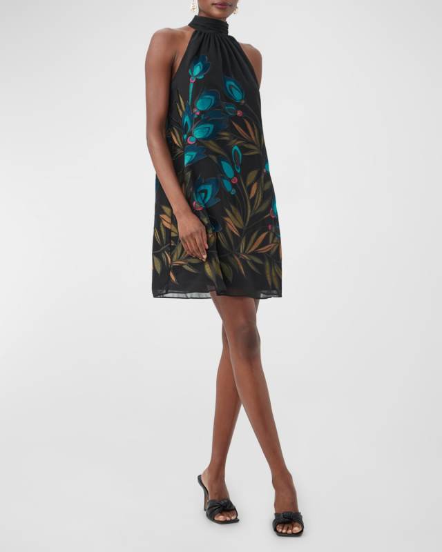Zana Floral-Embroidered Halter Mini Dress