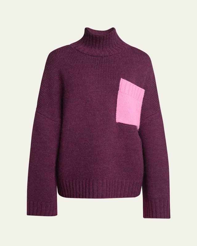 Colorblock Patch Pocket Oversized Wool Turtleneck Sweater
