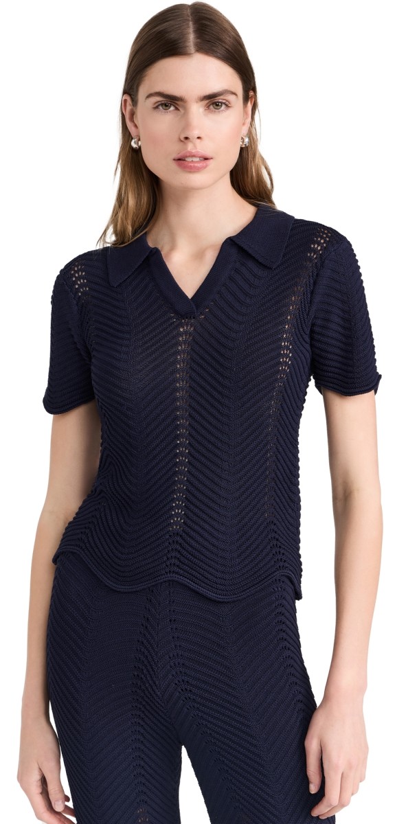 English Factory Scallop Detail Crochet Knit Top Navy