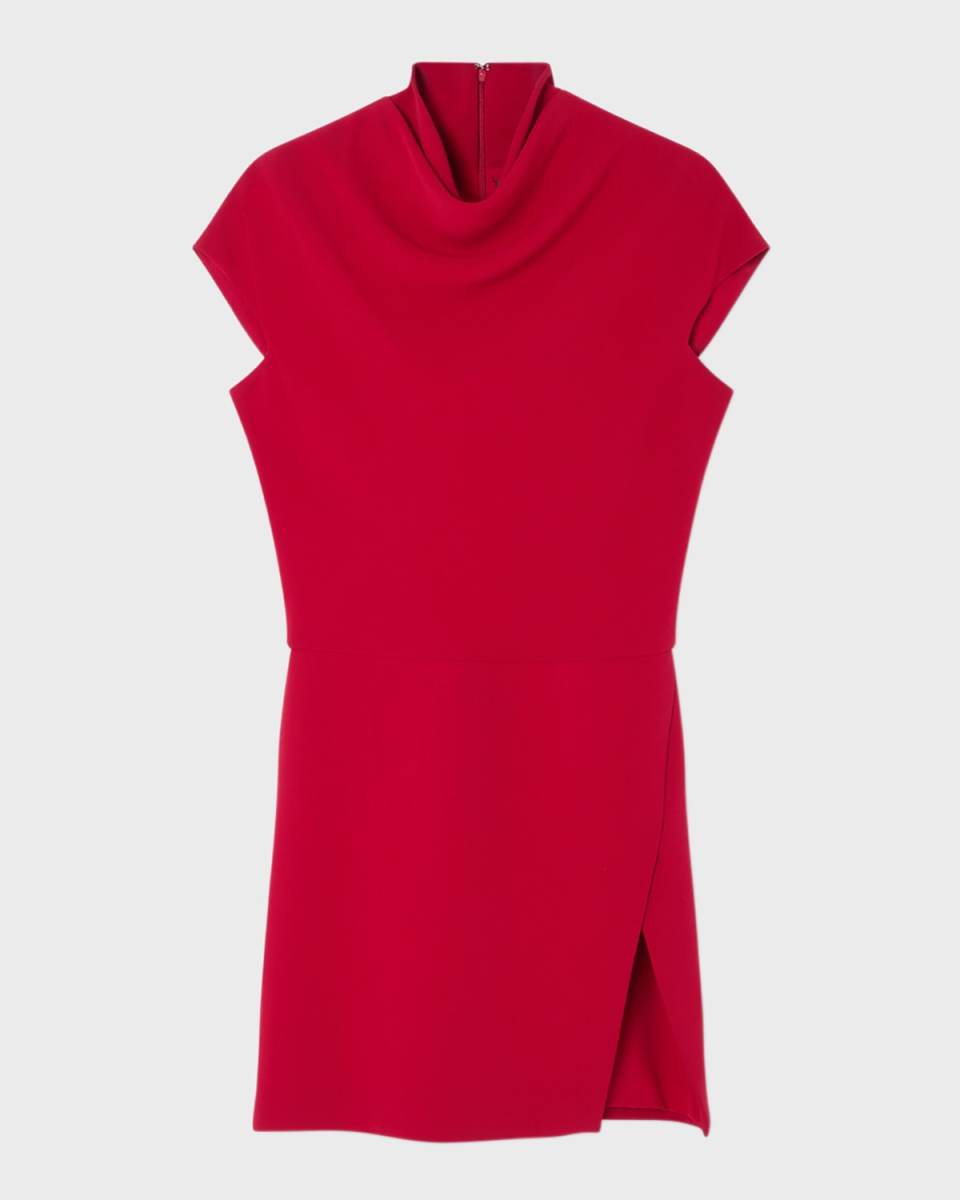 Turtleneck Cap-Sleeve Cady Slit Mini Dress