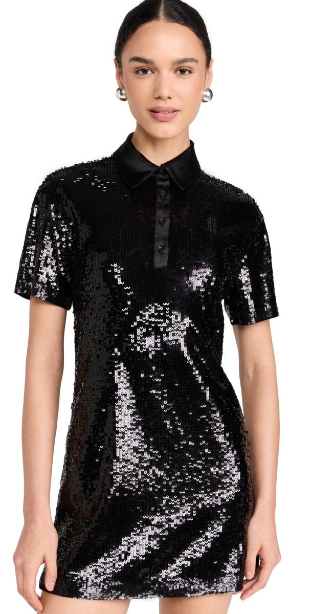 alice + olivia Treva Sequin Boxy Oversized Polo Dress Black