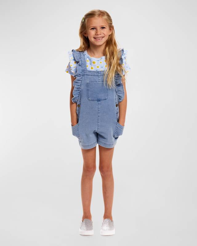 Girls Daisy-Print Top W/ Denim Overalls Set, Size 2T-6X