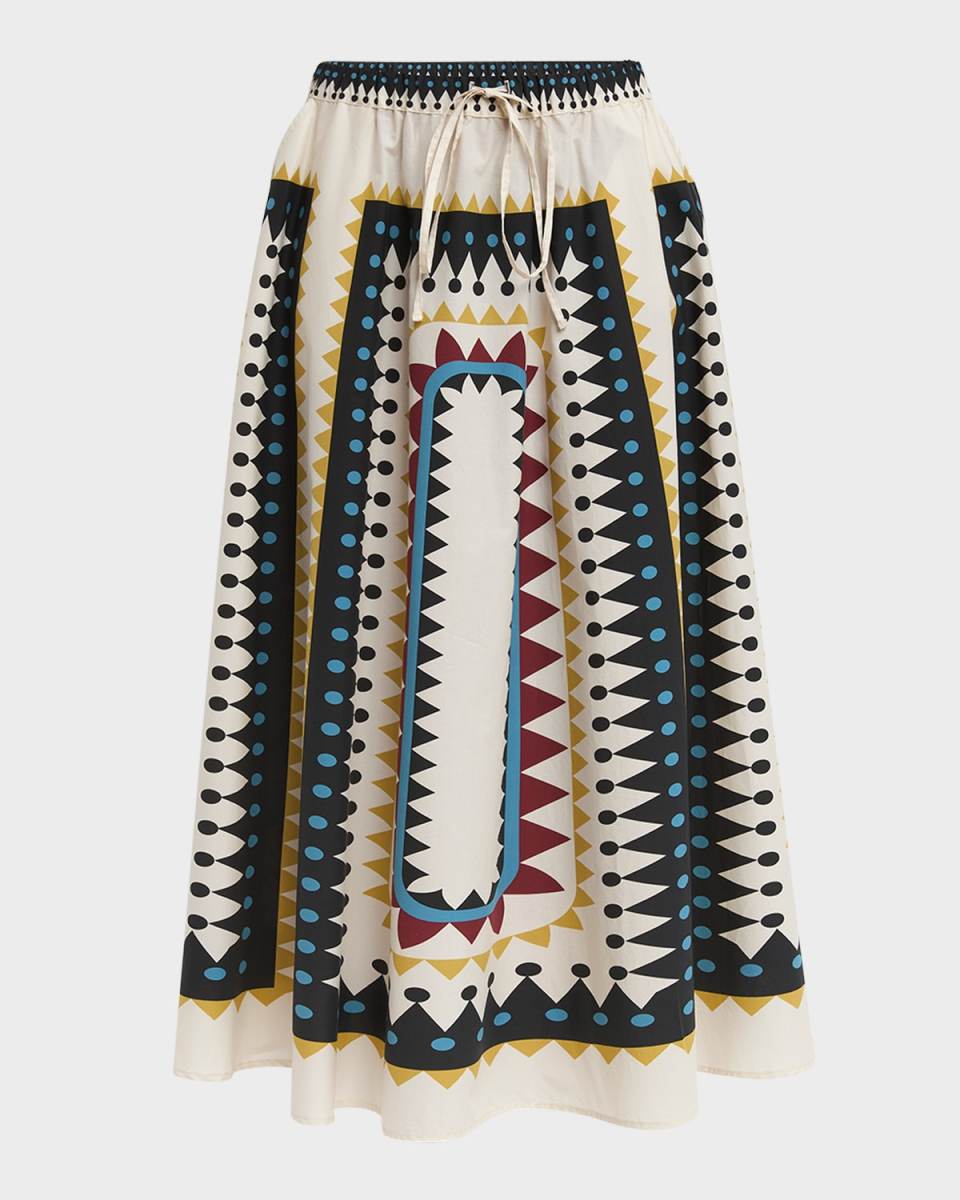 Place-Print A-Line Drawstring Midi Skirt