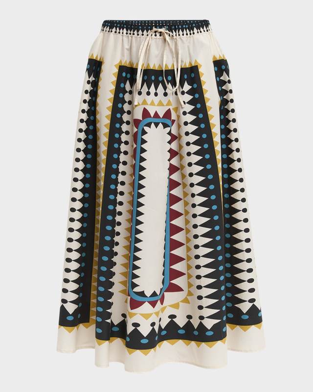 Place-Print A-Line Drawstring Midi Skirt