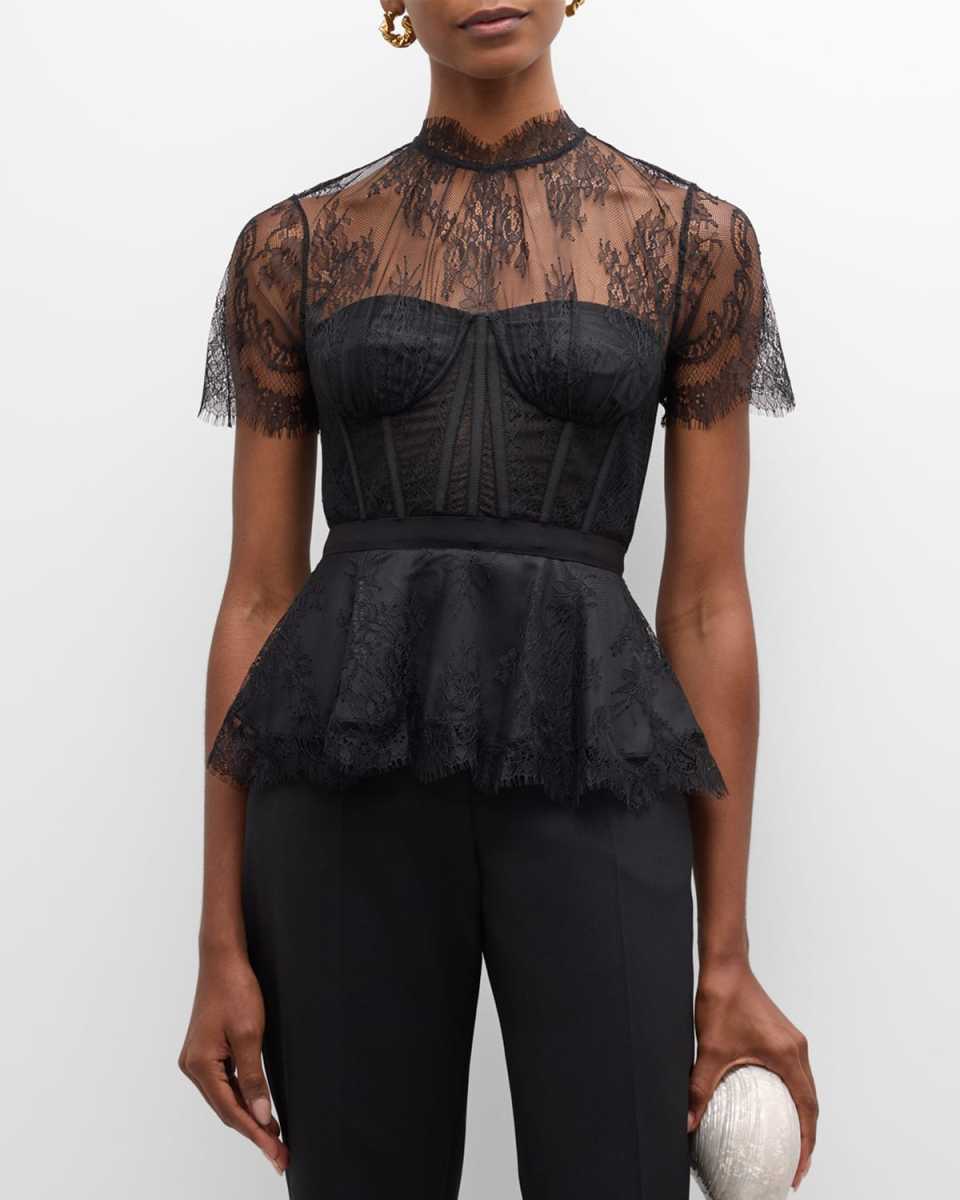 Kehlani Sheer Lace Short-Sleeve Peplum Bustier Top