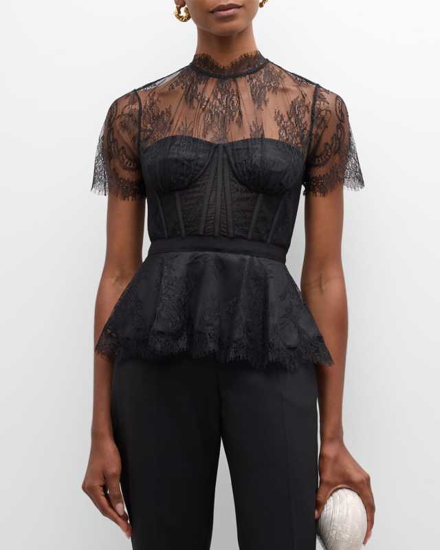 Kehlani Sheer Lace Short-Sleeve Peplum Bustier Top