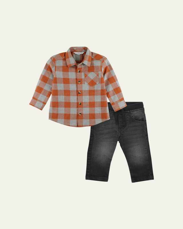 Boy's Hadlee Plaid Button Down Shirt W/ Pull-On Jeans, Size 3M-5