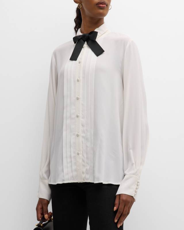Pintuck Bow Tie Button-Down Shirt