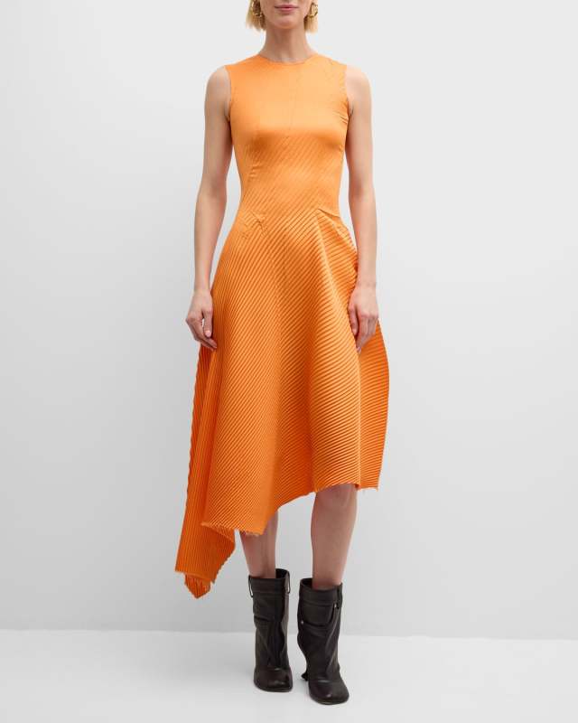 Pleated Sleeveless Asymmetric Midi Dress