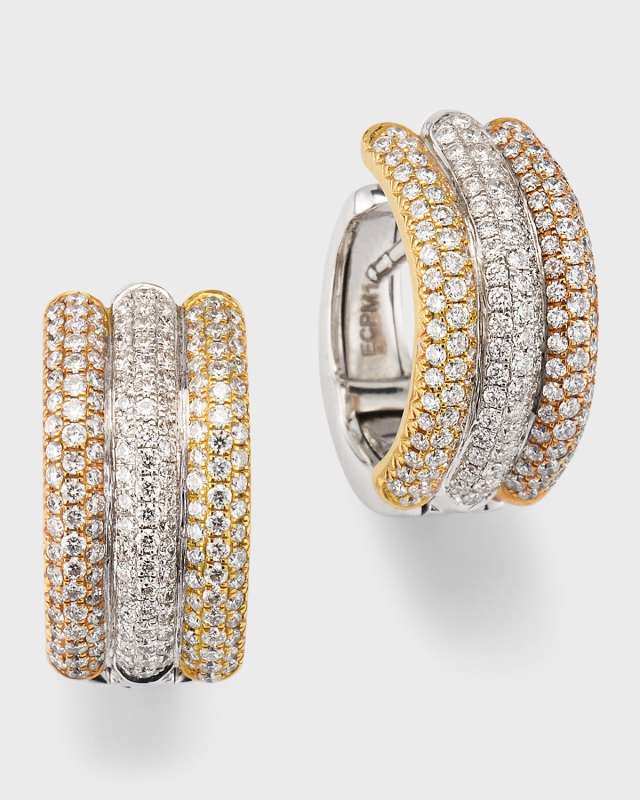 Pave 18K Tricolor Diamond Huggie Hoop Earrings, 0.75tcw