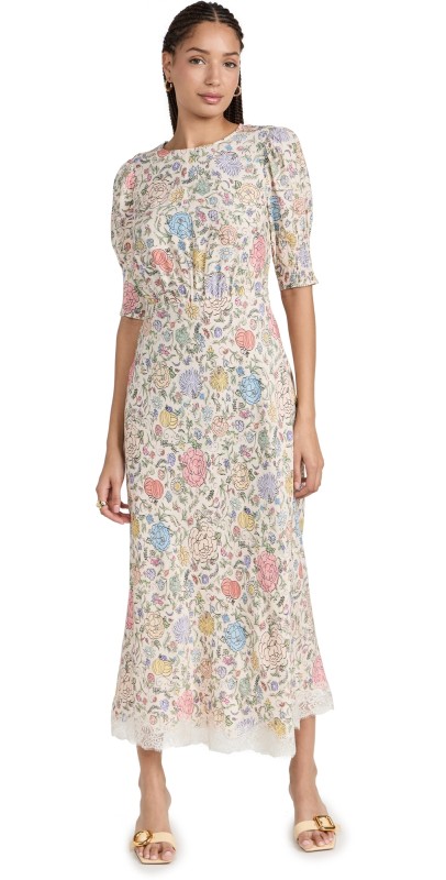 RIXO Lucile Dress Camellia Garden Cream