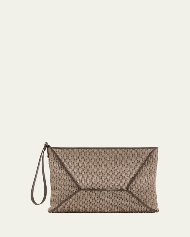 Zip Raffia & Leather Wristlet