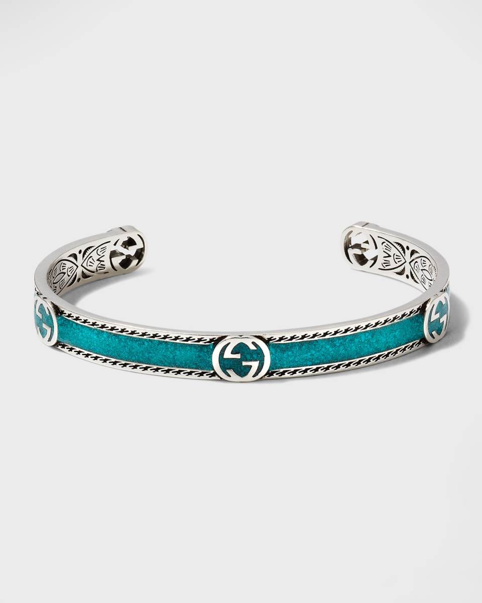 Men's Interlocking G Silver & Enamel Cuff Bracelet, Size 7-7.5