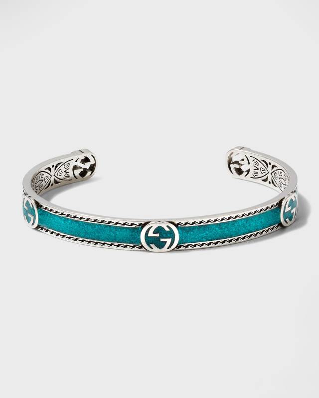 Men's Interlocking G Silver & Enamel Cuff Bracelet, Size 7-7.5