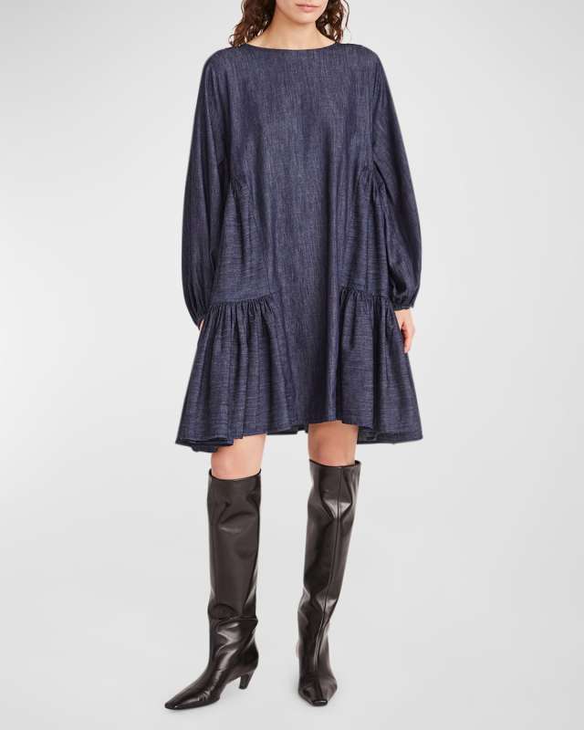 Byward Ruched Trapeze Denim Dress
