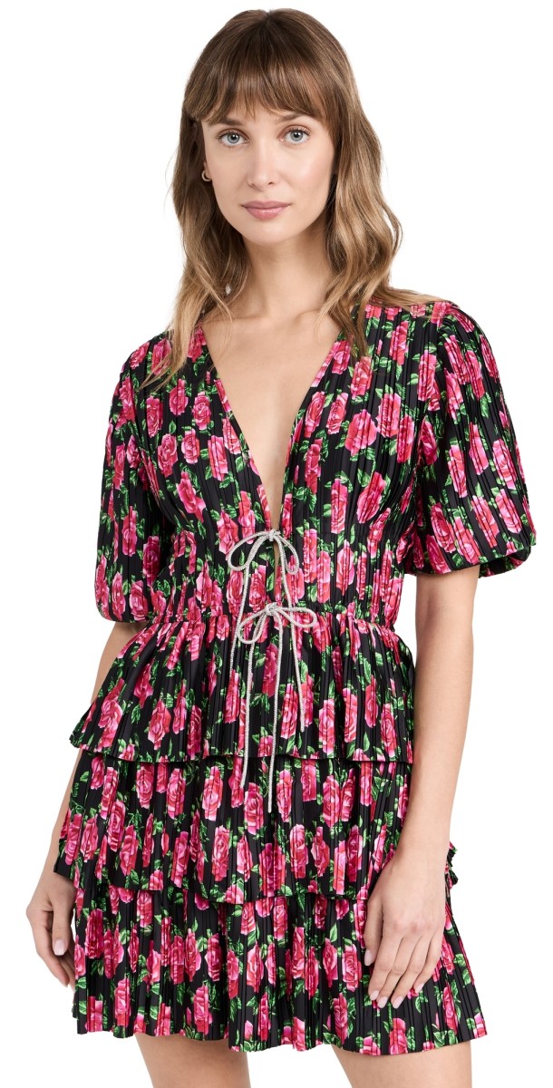 WAYF Tie Front Mini Dress Red Roses
