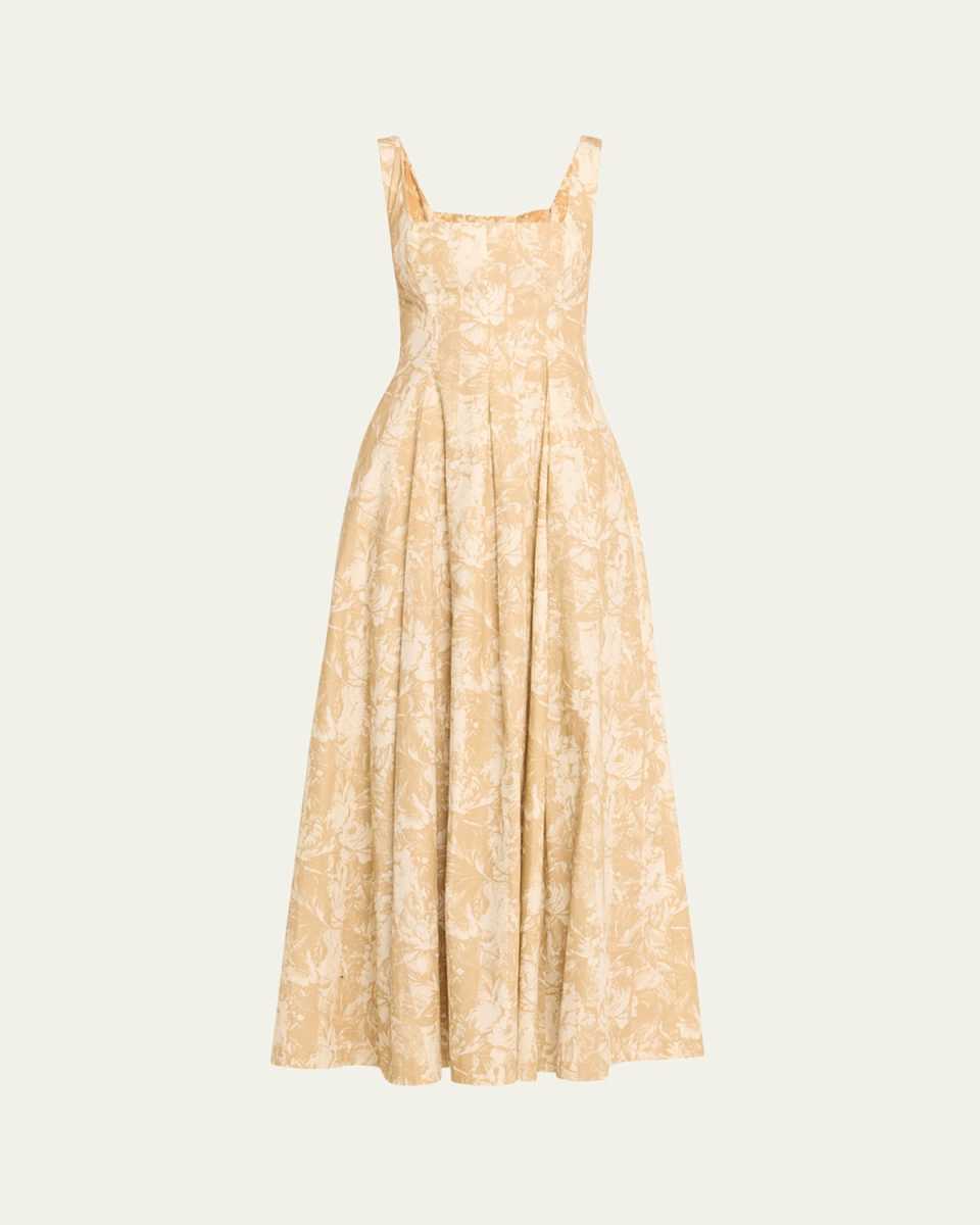 Square-Neck Striped Flower-Print Sleeveless Maxi Dress
