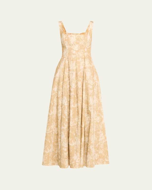 Square-Neck Striped Flower-Print Sleeveless Maxi Dress